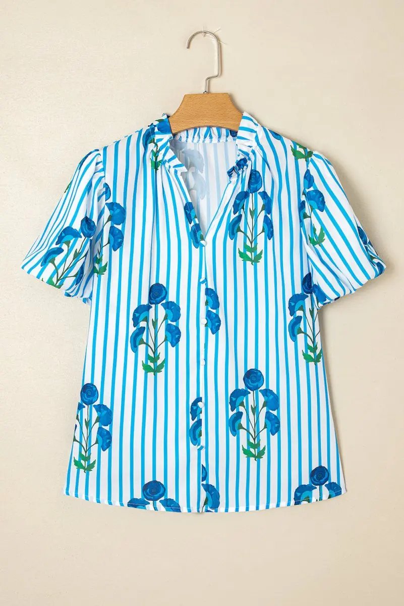 Sky Blue Stripe Floral Buttoned Frilly Notched Neck Puff Sleeve Summer Blouse - Love Salve